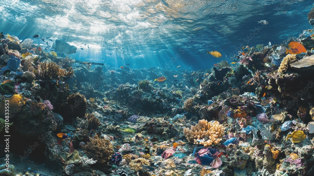 Naklejka premium Vibrant Underwater Coral Reef Teeming with Diverse Marine Life