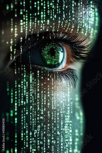 An eye with green digital patterns superimposed, elucidating the blend of human presence with digital structures and futuristic themes. photo