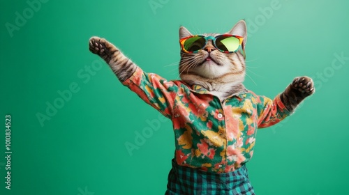 Fashionable feline in vibrant floral shirt and sunglasses, playfully posing against a bright green backdrop, exuding confidence and charisma. photo