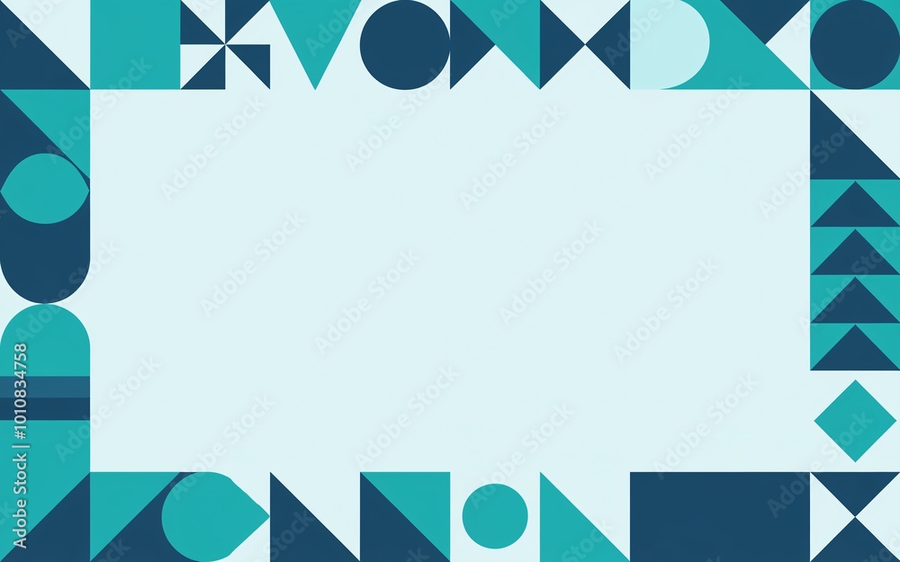 Abstract geometric frame with teal and blue shapes on light blue background. Abstract geometric frame with teal and blue shapes on light blue background.