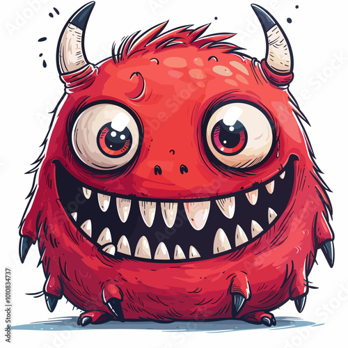 A cartoonish red monster with horns and a big smile on its face. The monster is standing on a white background