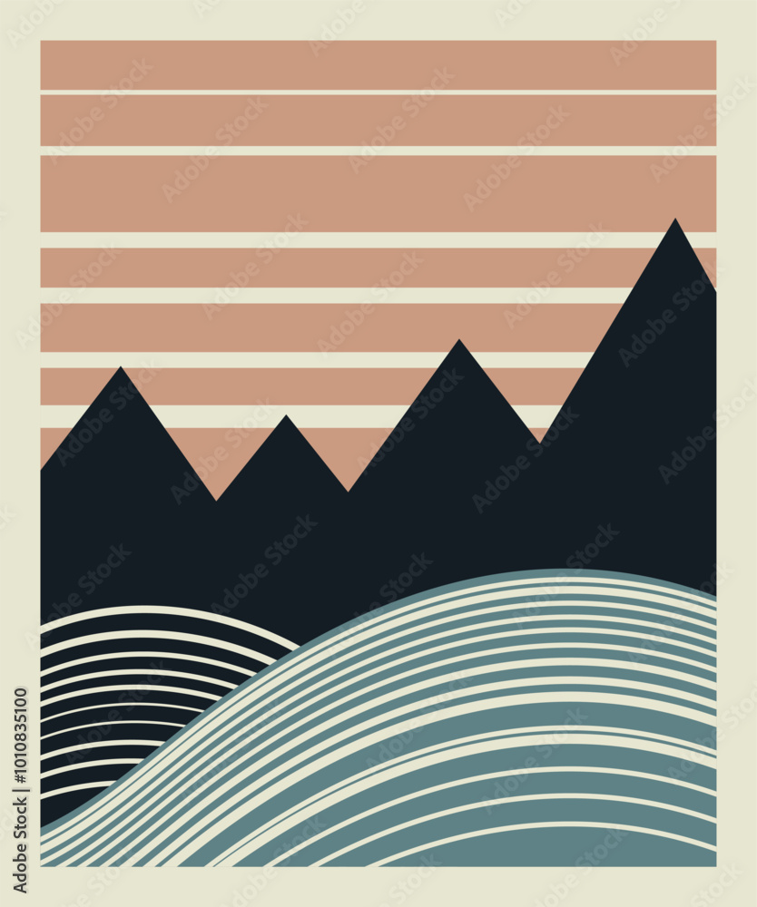 Fototapeta premium Abstract Vector Landscape in Muted Tones - Mountains and Waves Illustration