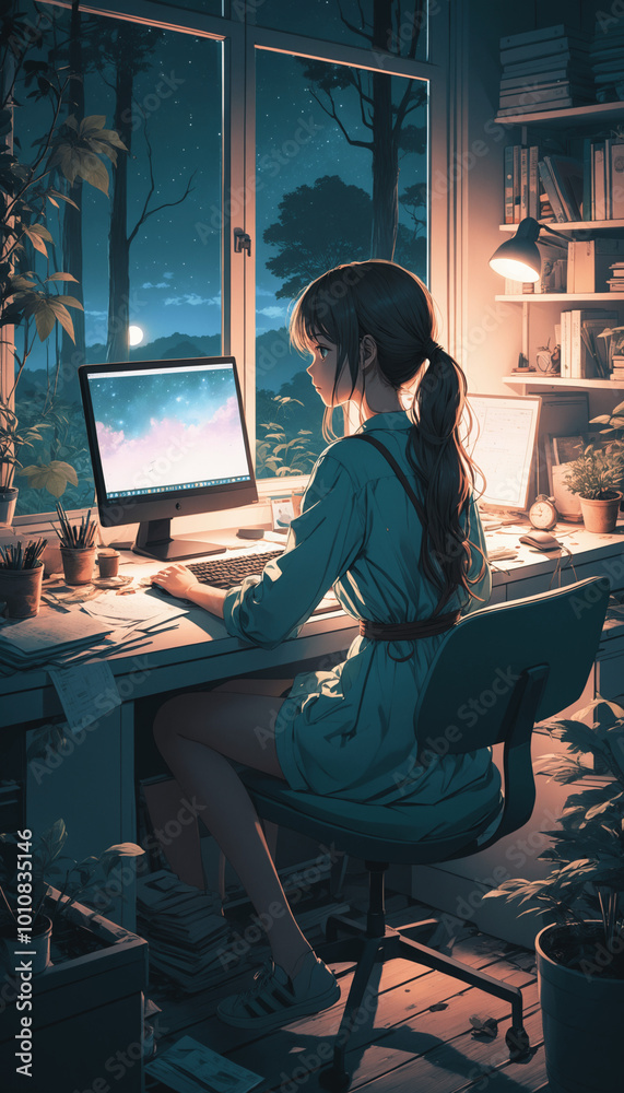 anime girl working on a computer in a cosy home desk setup, enjoying a chill and relaxing night with an atmospheric vibe anime girl working on a computer in a cosy home desk setup, enjoying a chill and relaxing night with an atmospheric vibe