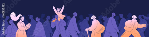 Banner with happy inspired people vs. sad crowd. Excited optimists, positive, outstanding characters with high energy, passion to life. Optimism, extraordinary concept. Flat vector illustration