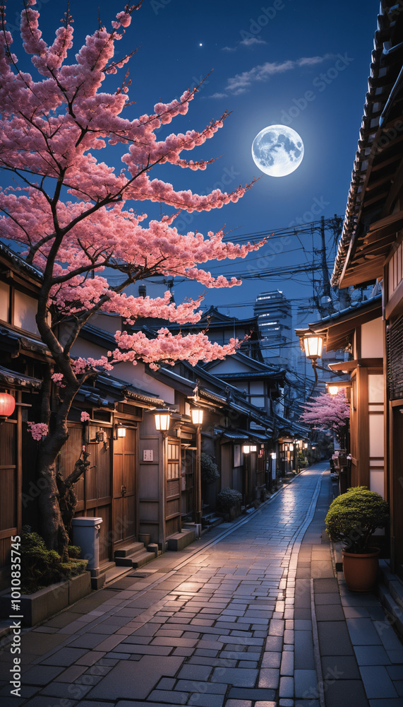 anime wallpaper featuring Tokyo and Japanese streets during cherry blossom season, blending eco-friendly city views, beautiful backgrounds, and village architecture, with light-filled skies