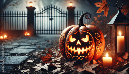 Glowing Gothic Pumpkin near Iron Fence, High-Resolution Halloween Photograph with Copy Space