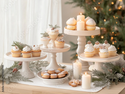 Christmas Dessert Table: A soft pastel-colored dessert table with elegant Christmas-themed pastries, cupcakes, and cookies, arranged with delicate greenery, candles, and holiday decor.