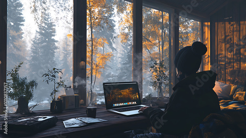 A person in a cozy cabin with large windows, working on a laptop with a cup of coffee nearby, showcasing a peaceful remote work environment in nature 