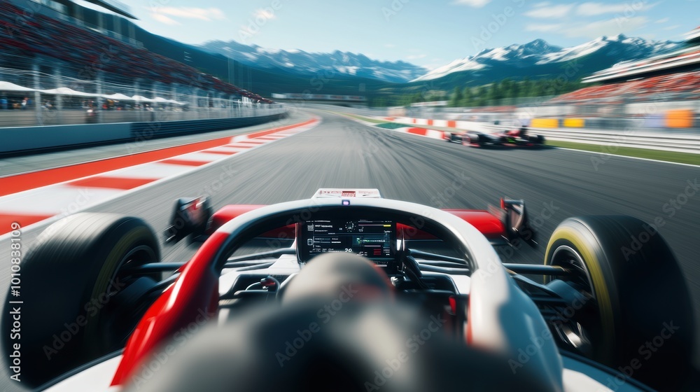 Close-up, perspective view from cockpit. Formula 1 race car speeding down track, with view of mountain backdrop visible in the distance.