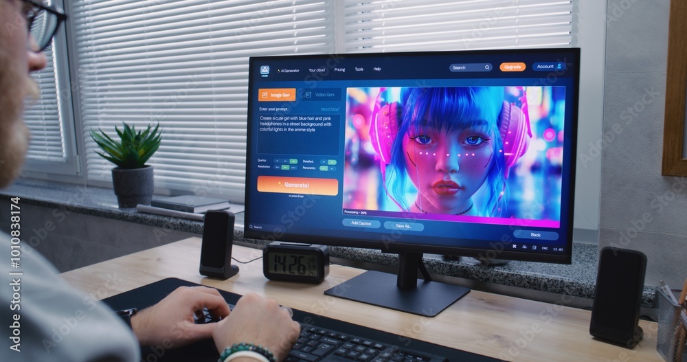 Adult man enters prompt in AI image generator app on personal computer. Artificial intelligence chatbot generate detailed high-quality image of cyberpunk girl. From text prompt to generated photo. Adult man enters prompt in AI image generator app on personal computer. Artificial intelligence chatbot generate detailed high-quality image of cyberpunk girl. From text prompt to generated photo.