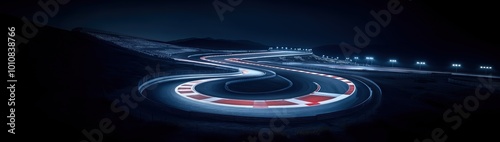 Winding race track illuminated at night, with mountains in the background and bright lights along the track.
