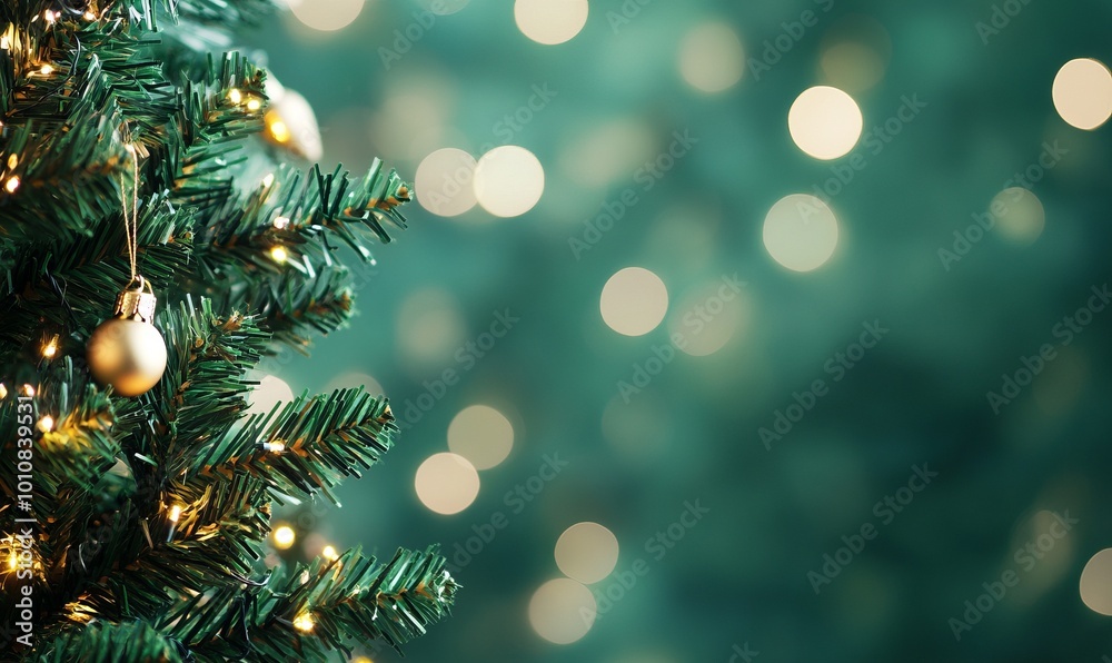 A green background with a blurry Christmas tree in the foreground A green background with a blurry Christmas tree in the foreground