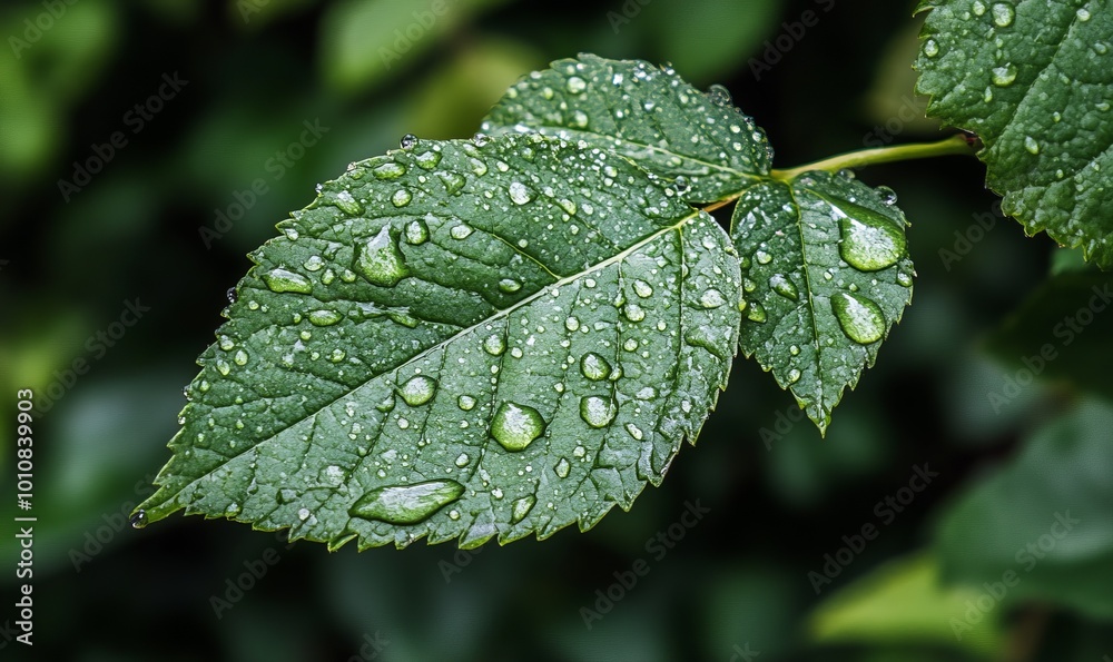 A green leaf covered with water droplets A green leaf covered with water droplets