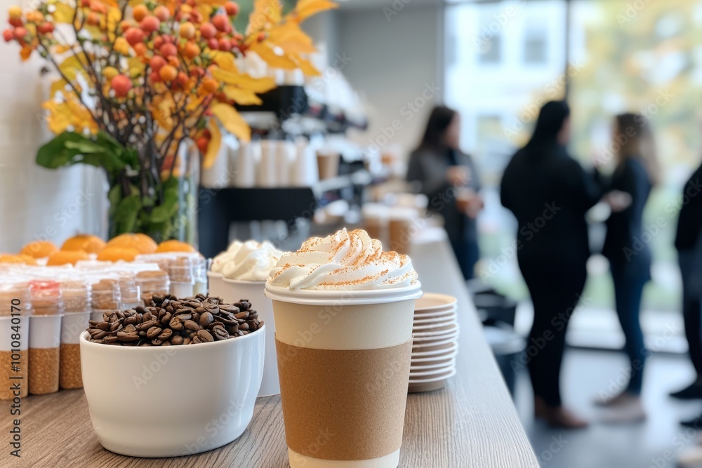 Pumpkin spice latte station set up in the office. Coworkers gather around, enjoying their festive drinks, Generative AI Pumpkin spice latte station set up in the office. Coworkers gather around, enjoying their festive drinks, Generative AI