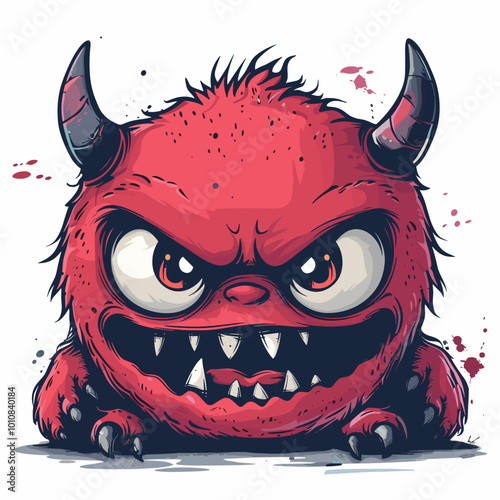 A cartoonish red monster with horns and a big smile on its face. The monster is standing on a white background