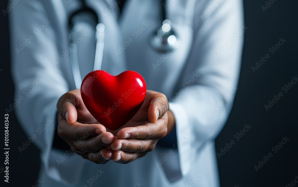 Medical professional with stethoscope holding red heart, healthcare and cardiology concept, focus on compassionate care Medical professional with stethoscope holding red heart, healthcare and cardiology concept, focus on compassionate care