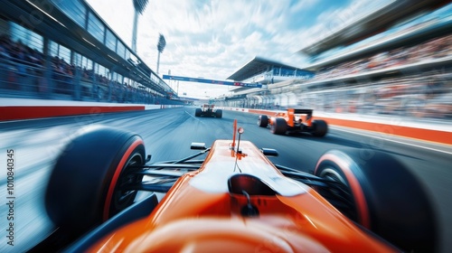 Orange Formula 1 car racing on a track, with other cars visible in the distance and a cheering crowd lining the stands. photo