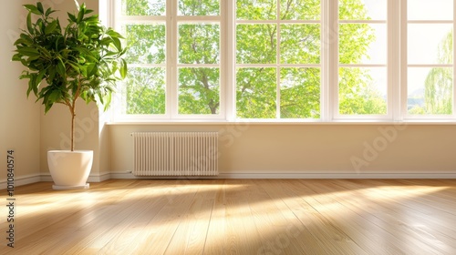 Modern living room with white radiator, plant on wooden floor, large windows letting in natural light, peaceful home design