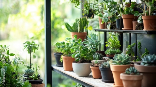 A stylish indoor garden with a wide array of potted plants, from succulents to leafy greens, in a well-lit room. A focus on flower care and household farming in a modern space.