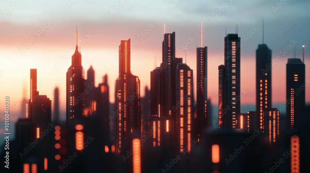 A modern city skyline at sunset with tall illuminated skyscrapers glowing in warm orange hues, representing urban development and modern architecture.. A modern city skyline at sunset with tall illuminated skyscrapers glowing in warm orange hues, representing urban development and modern architecture..