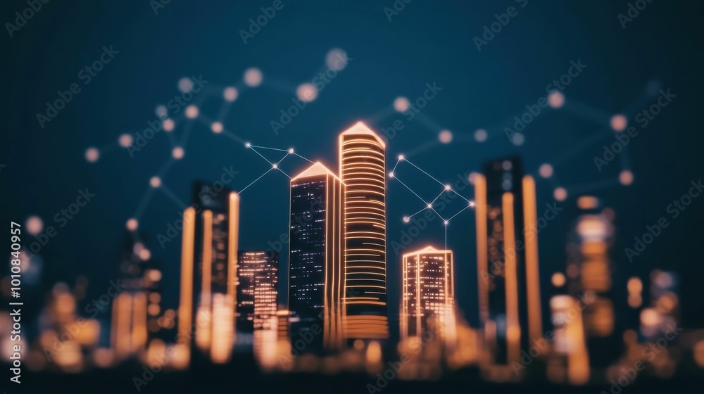 A futuristic city with glowing skyscrapers illuminated in orange and connected digital nodes in the sky, symbolizing advanced technology and communication.. A futuristic city with glowing skyscrapers illuminated in orange and connected digital nodes in the sky, symbolizing advanced technology and communication..