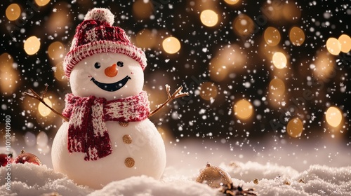 Joyful snowman adorned with a red and white scarf and hat, cheerful expression against a snowy backdrop adorned with soft glowing lights and falling snowflakes.