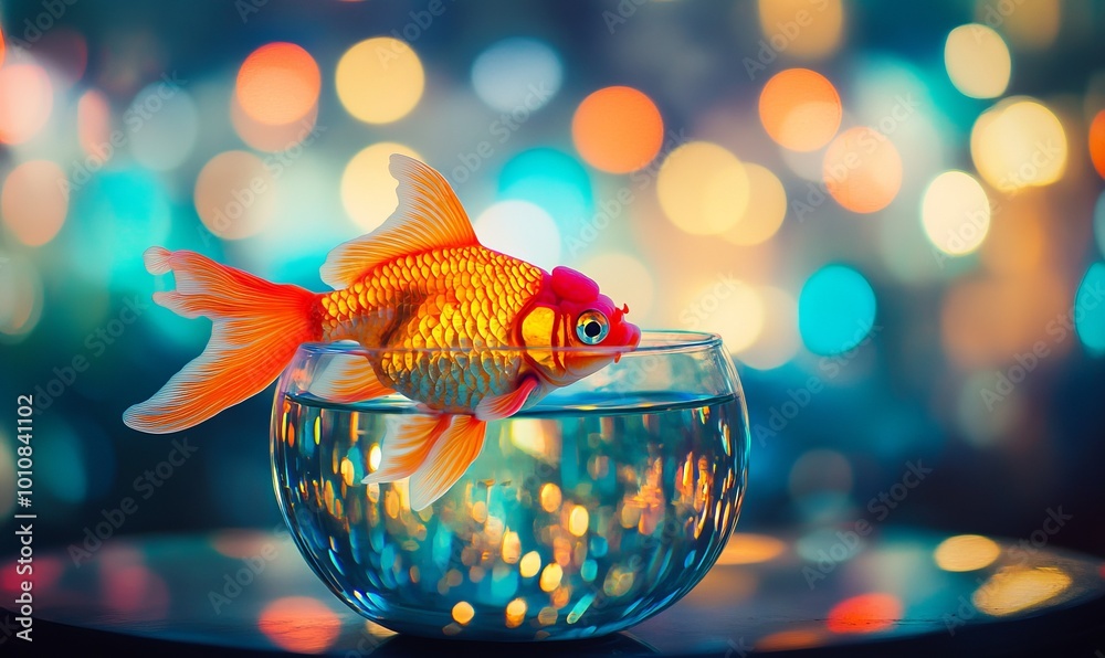 Fototapeta premium An orange goldfish in a round glass bowl with vibrant bokeh lights in the background, creating a stunning visual contrast between the animated fish and the glowing ambiance