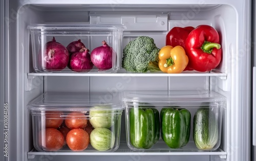 Wallpaper Mural Organized fridge with vegetables in containers, focus on freshness and meal planning, healthy food storage Torontodigital.ca