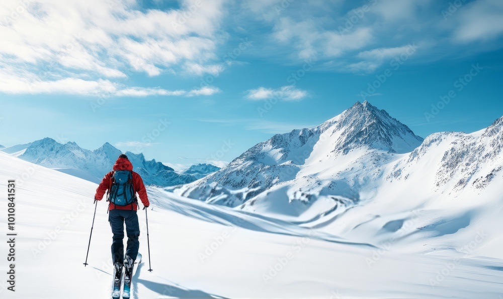 Backcountry skier ascending a snow-covered mountain with skins on skis, with a vast, untouched snowy landscape in view Backcountry skier ascending a snow-covered mountain with skins on skis, with a vast, untouched snowy landscape in view