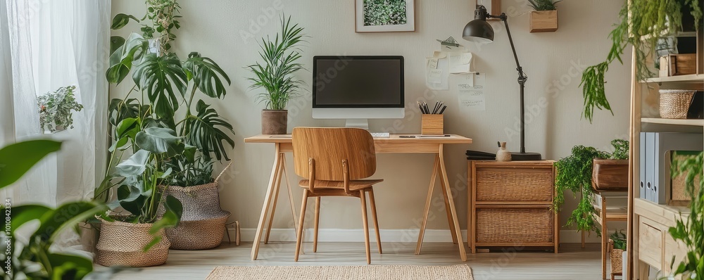 A tidy and bright home office setup with modern furniture, plants, and a large window letting in natural light. A tidy and bright home office setup with modern furniture, plants, and a large window letting in natural light.