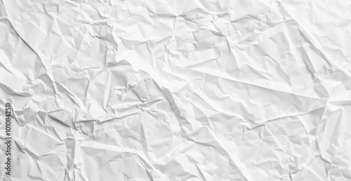 White crumpled paper background, white paper texture, crinkled paper pattern, white background, close-up, top view.