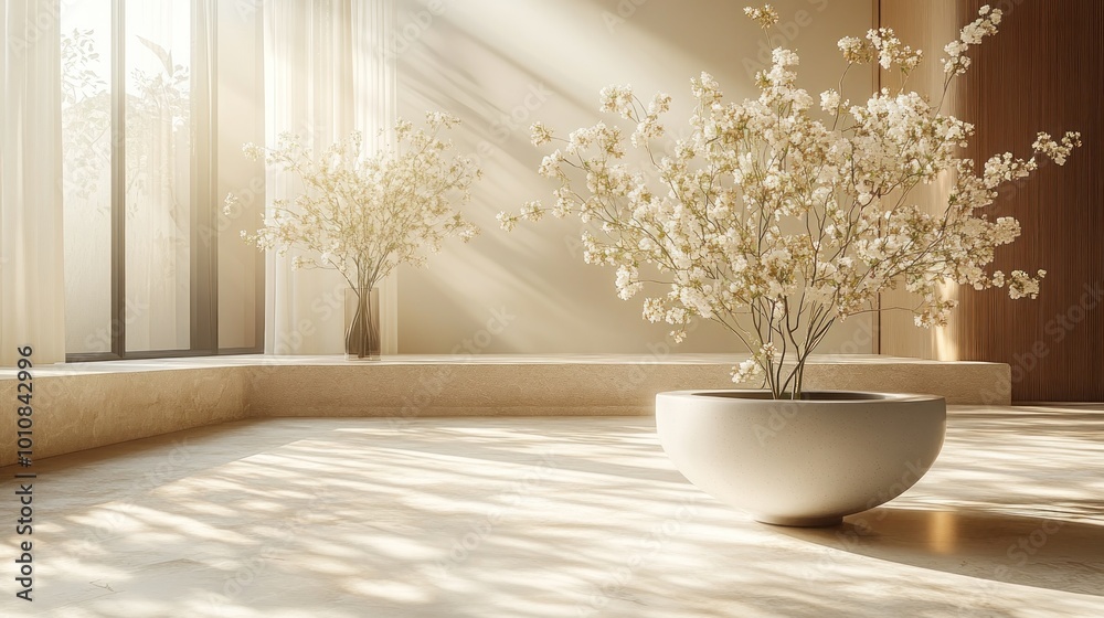 Serene indoor setting with flower arrangements and natural light. Serene indoor setting with flower arrangements and natural light.