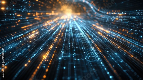 Abstract 3D rendering of geometric shapes and light trails  representing futuristic technology and data processing.