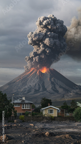 A view of an exploding volcano. Lots of smoke and fire, and a view of houses photo