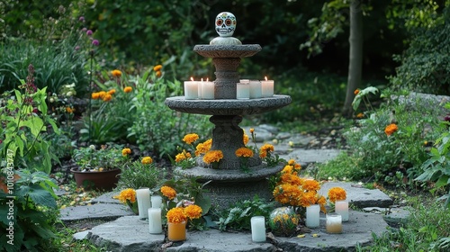 Serene Garden Oasis with Fountain and Candles