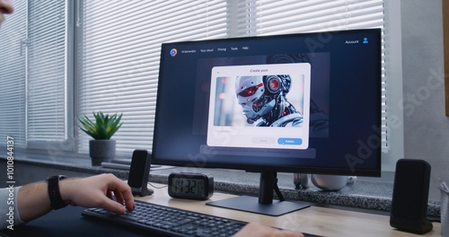 Adult man types prompt in artificial intelligence chatbot on PC. Advanced AI image generator app generate detailed high-quality photo portrait of sci-fi robot. AI generated image creation technology.