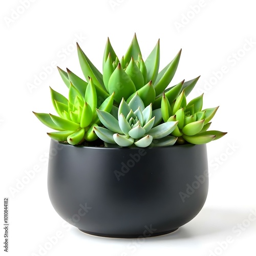 compact succulent arrangement in a low-profile matte black planter, isolated on a white background. The succulents include a mix of jade plants, echeveria, and aloe, with a clean, modern aesthetic photo