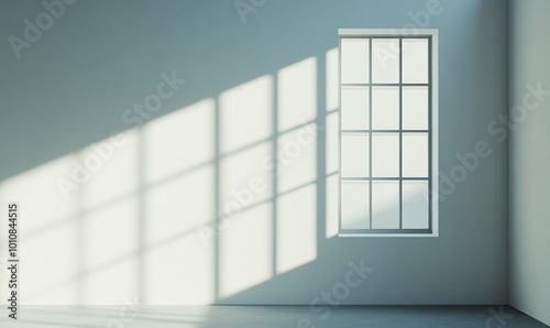 Minimalist shot of a single window in a plain wall  with soft light casting gentle shadows  creating a scene of quiet simplicity