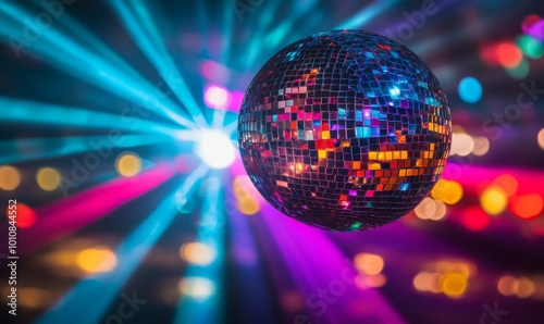 Mirrorball reflecting colorful rays of light at nightclub party