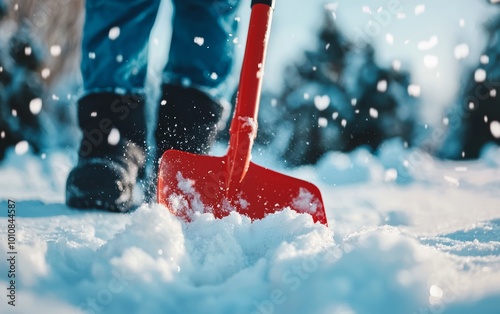 Shoveling snow from driveway, red shovel in action, winter outdoor task, snowy path being cleared