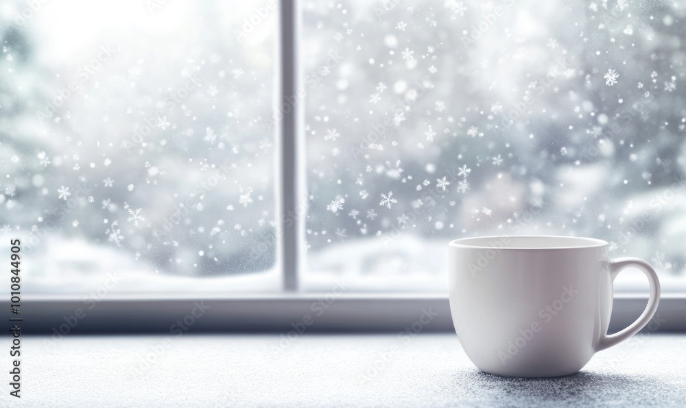 Mockup of a white coffee mug set against a snowy window, with frost patterns and snowflakes gently falling outside, perfect for winter-themed designs Mockup of a white coffee mug set against a snowy window, with frost patterns and snowflakes gently falling outside, perfect for winter-themed designs