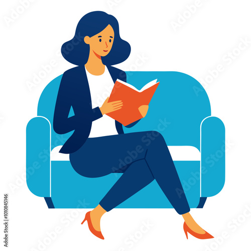 Vector Art of Businesswoman on Couch Reading with Relaxed Focus