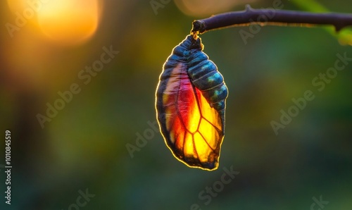 Monarch butterfly beginning to emerge from chrysalis during pupa stage of butterfly metamorphosis;