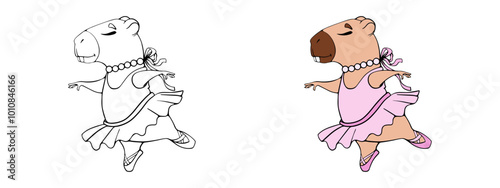 Cute cat is dancing coloring page. funny animal dancing ballet in a tutu and pointe shoes. Cartoon animal illustration for colouring book for kids. simple lineart and colorful drawing isolated on back