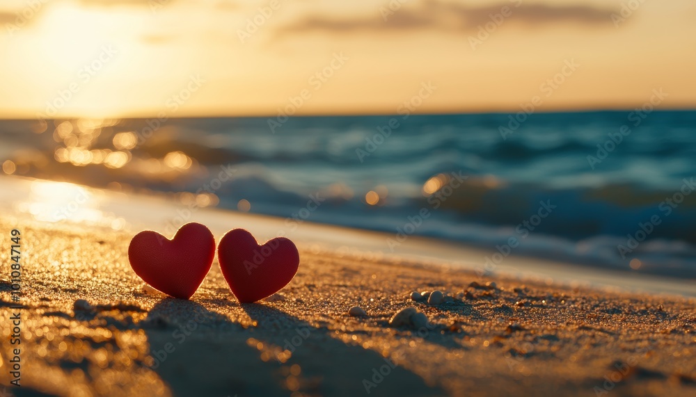 Fototapeta premium Two intertwined hearts on sandy shore, gentle waves at sunset, romantic beach moment, love and relaxation theme