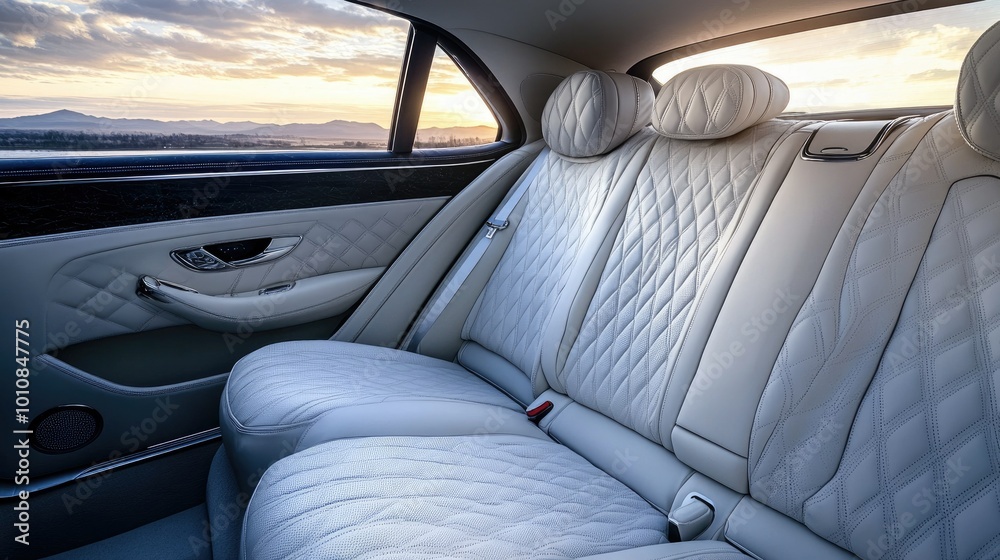 Back seat of a luxury car with diamond-patterned leather seats, showcasing premium stitching, texture, and refined interior design elements.