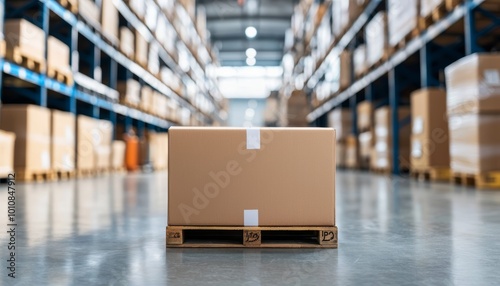 Wallpaper Mural Warehouse with stacked shelves, single box on pallet in focus, organized inventory and distribution system Torontodigital.ca