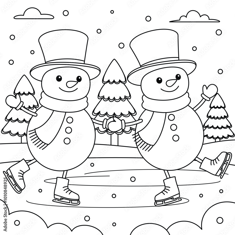 Snowman Cartoon is Ice Skating Outline Coloring Page. Christmas and Winter Illustration