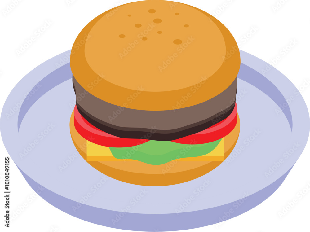 Big juicy burger with lettuce, tomato, and cheese is sitting on a plate Big juicy burger with lettuce, tomato, and cheese is sitting on a plate