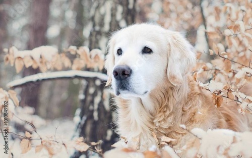 "Golden Doggy Delight in Winter's Chill"